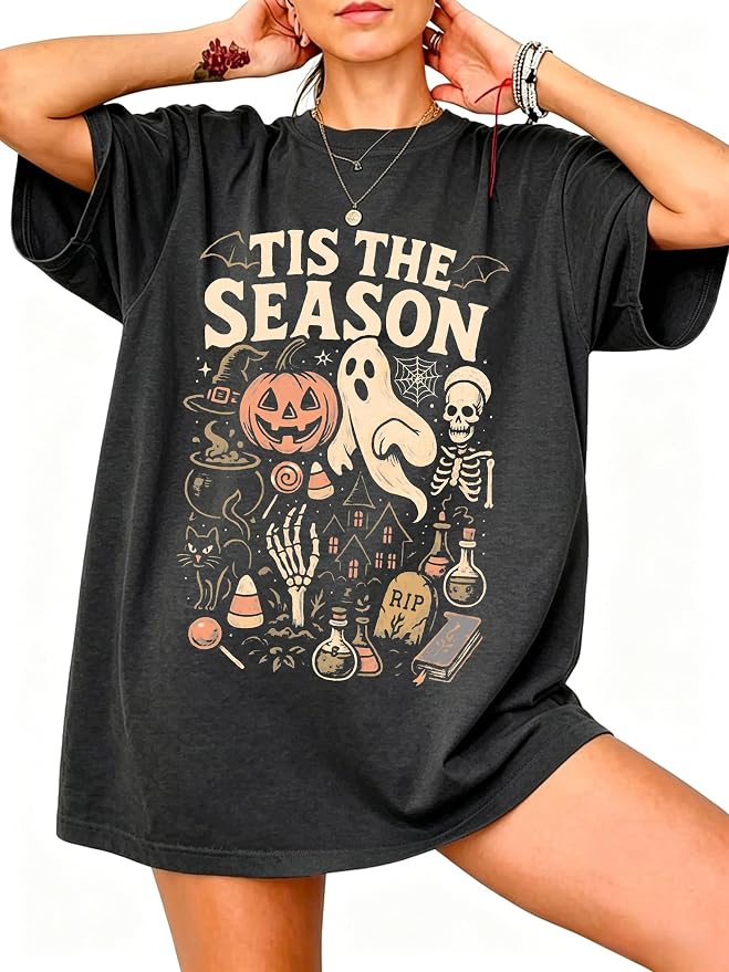 SGYHO Oversized Spooky Season Pumpkin Shirt worn by a model