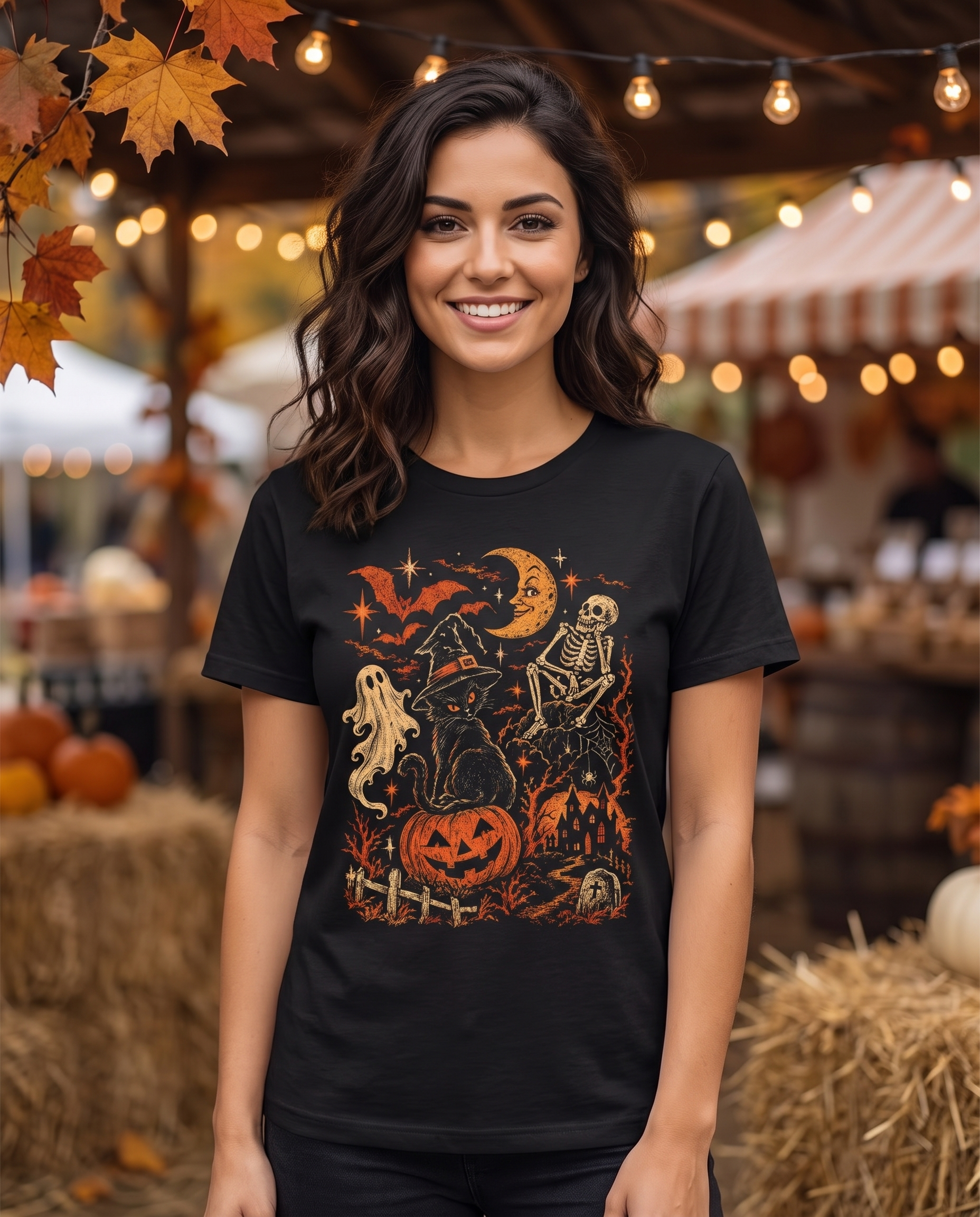 Halloween Vintage Scene Graphic Tee worn by a model