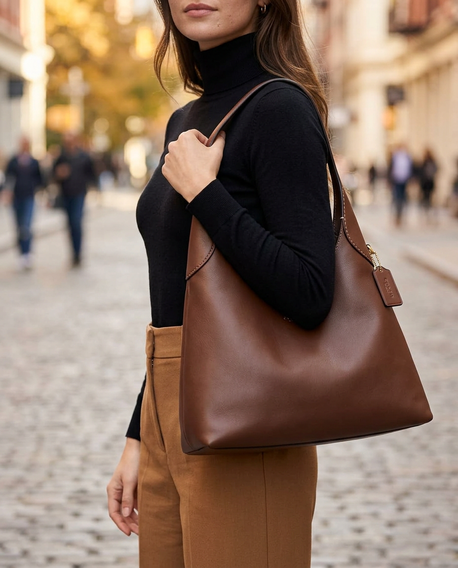 Coach Brooklyn Shoulder Bag 28 in Maple worn by a model