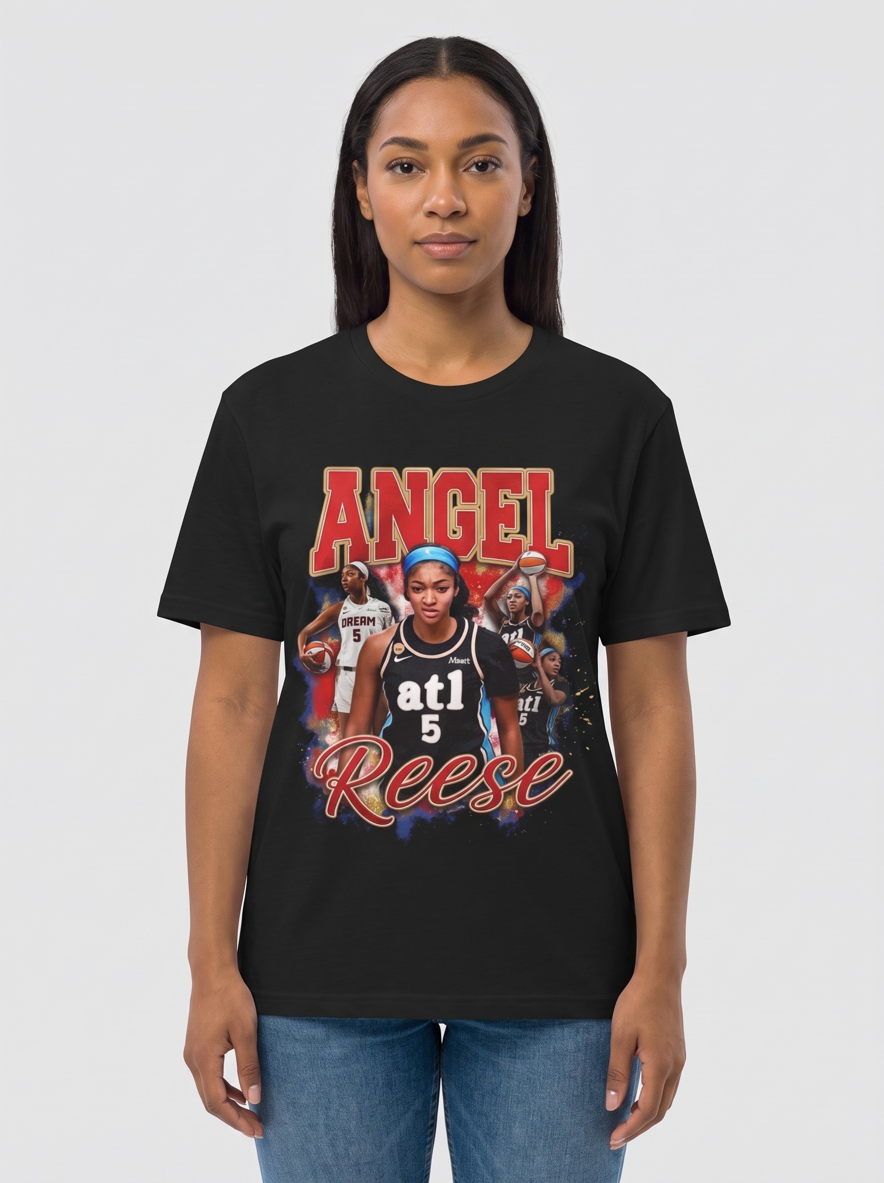 Angel Reese Atlanta Falcons-Style Basketball Tee worn by a model