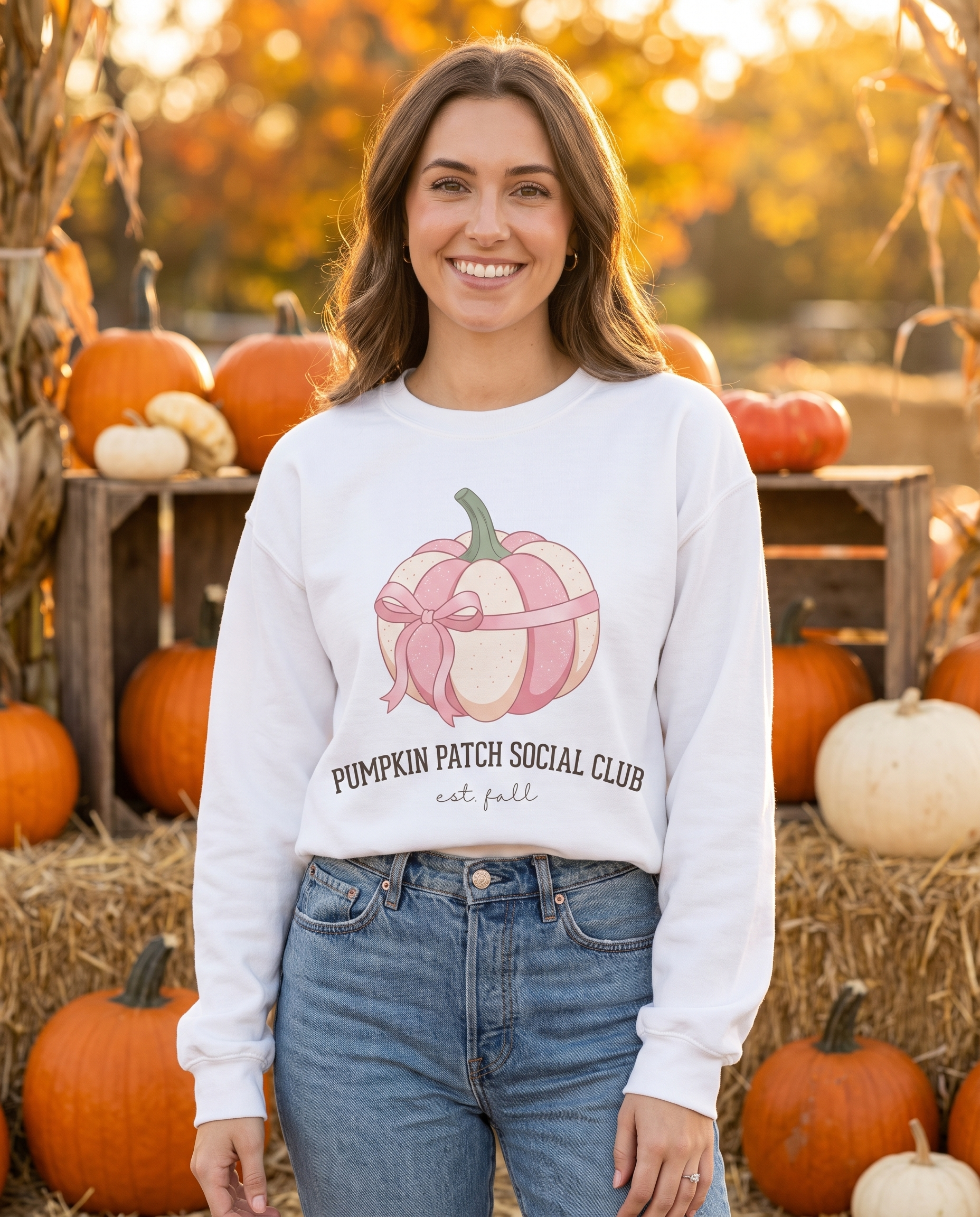 Pink Pumpkin Patch Social Club Sweatshirt worn by a model