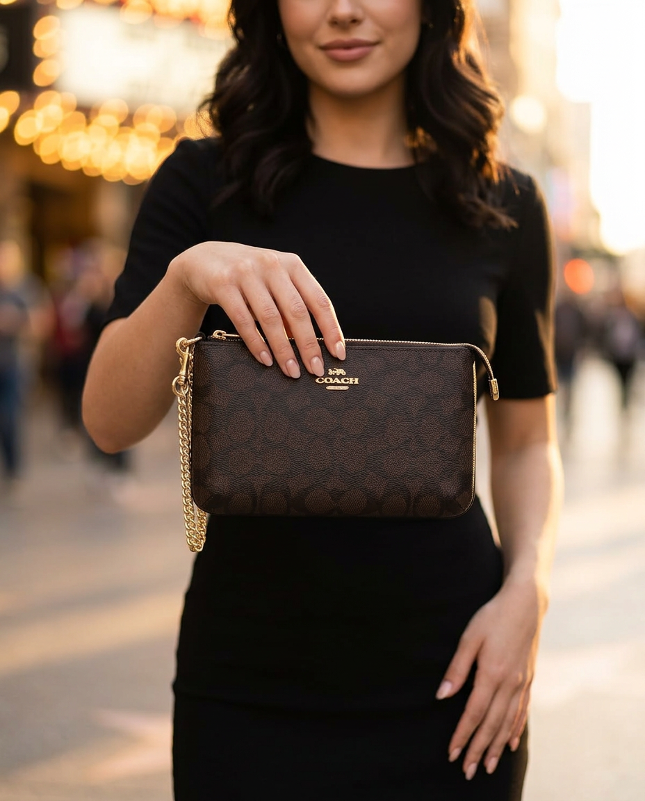 Coach Large Wristlet with Chain worn by a model