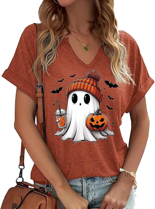 Earlymemb Ghost & Pumpkin V-Neck Tee worn by a model