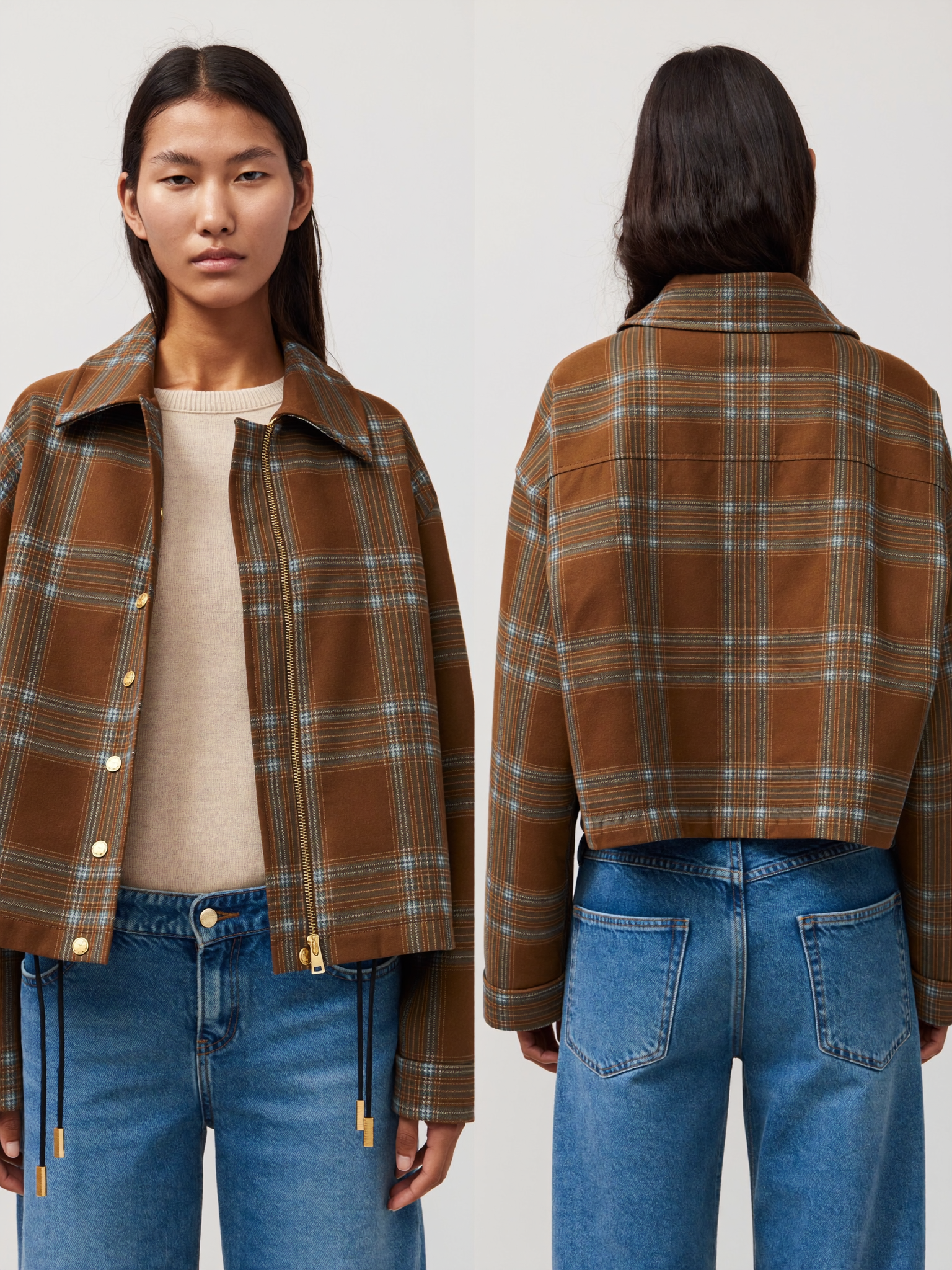 Bernardo Plaid Bomber Jacket worn by a model