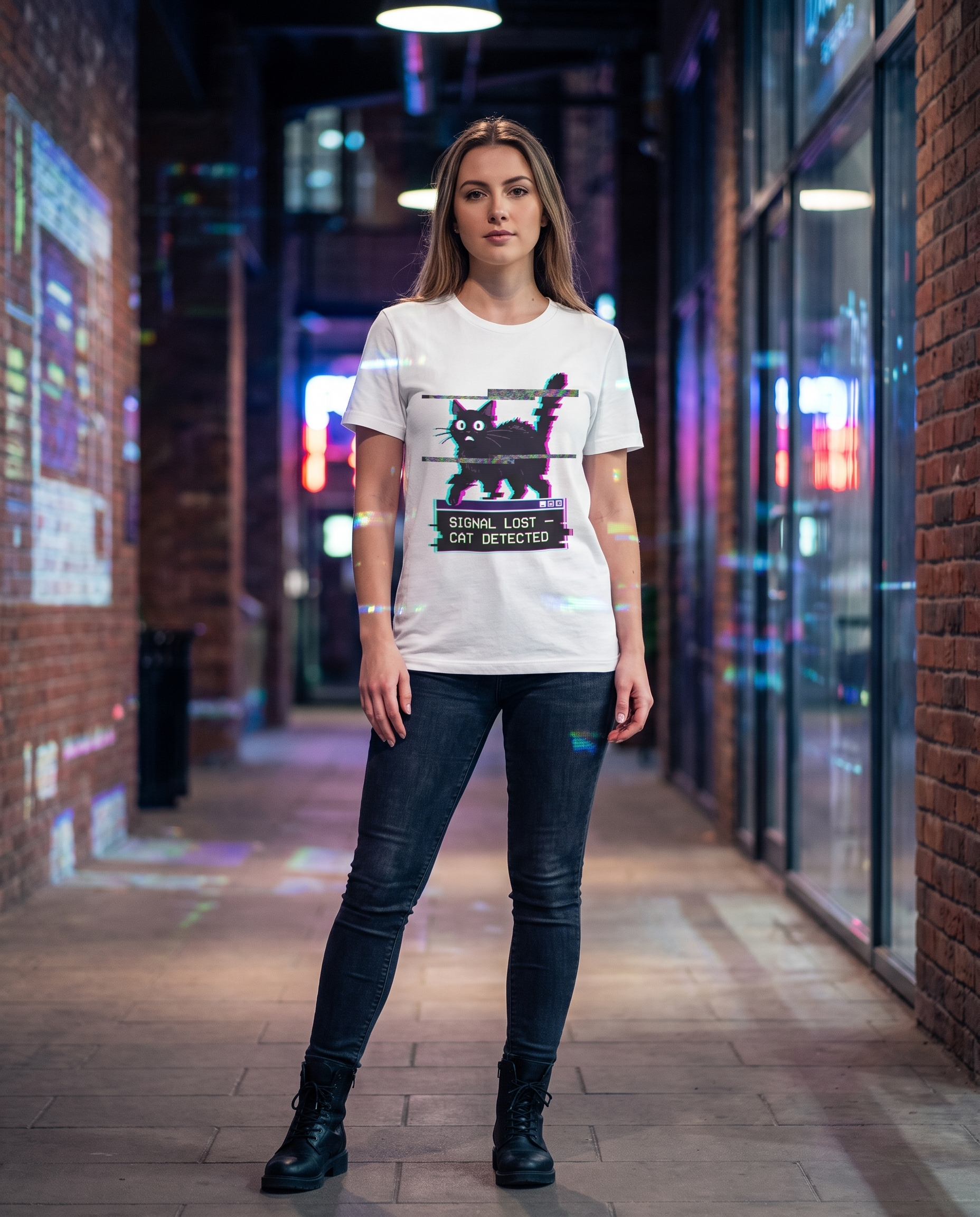 Signal Lost Glitch Cat T-Shirt worn by a model