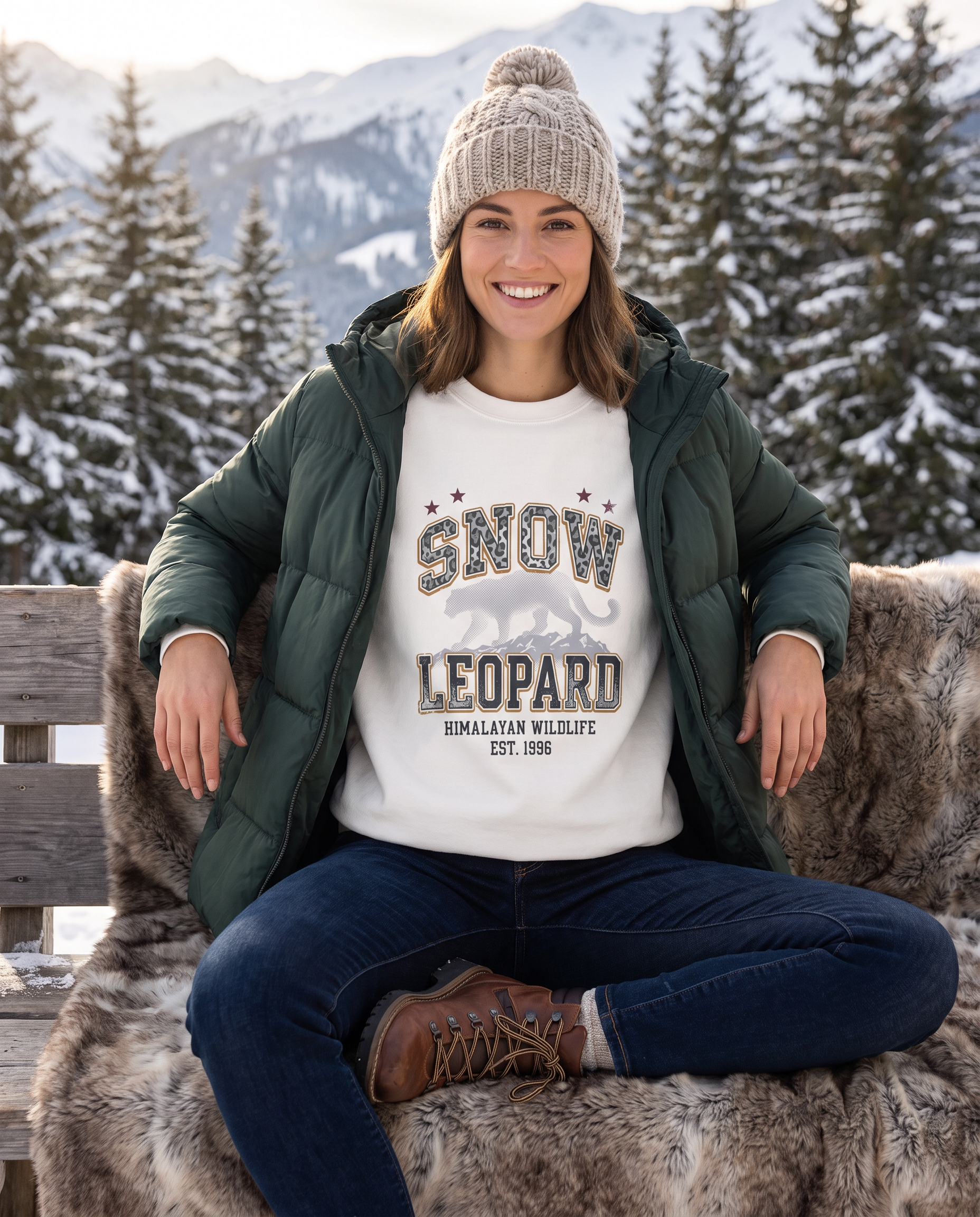 Snow Leopard Crewneck Sweatshirt worn by a model