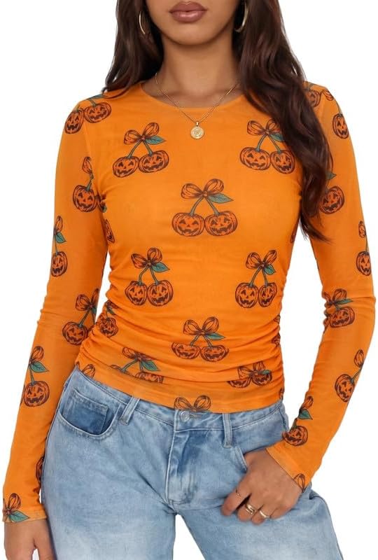 MOUSYA Spooky Season Sheer Mesh Top worn by a model