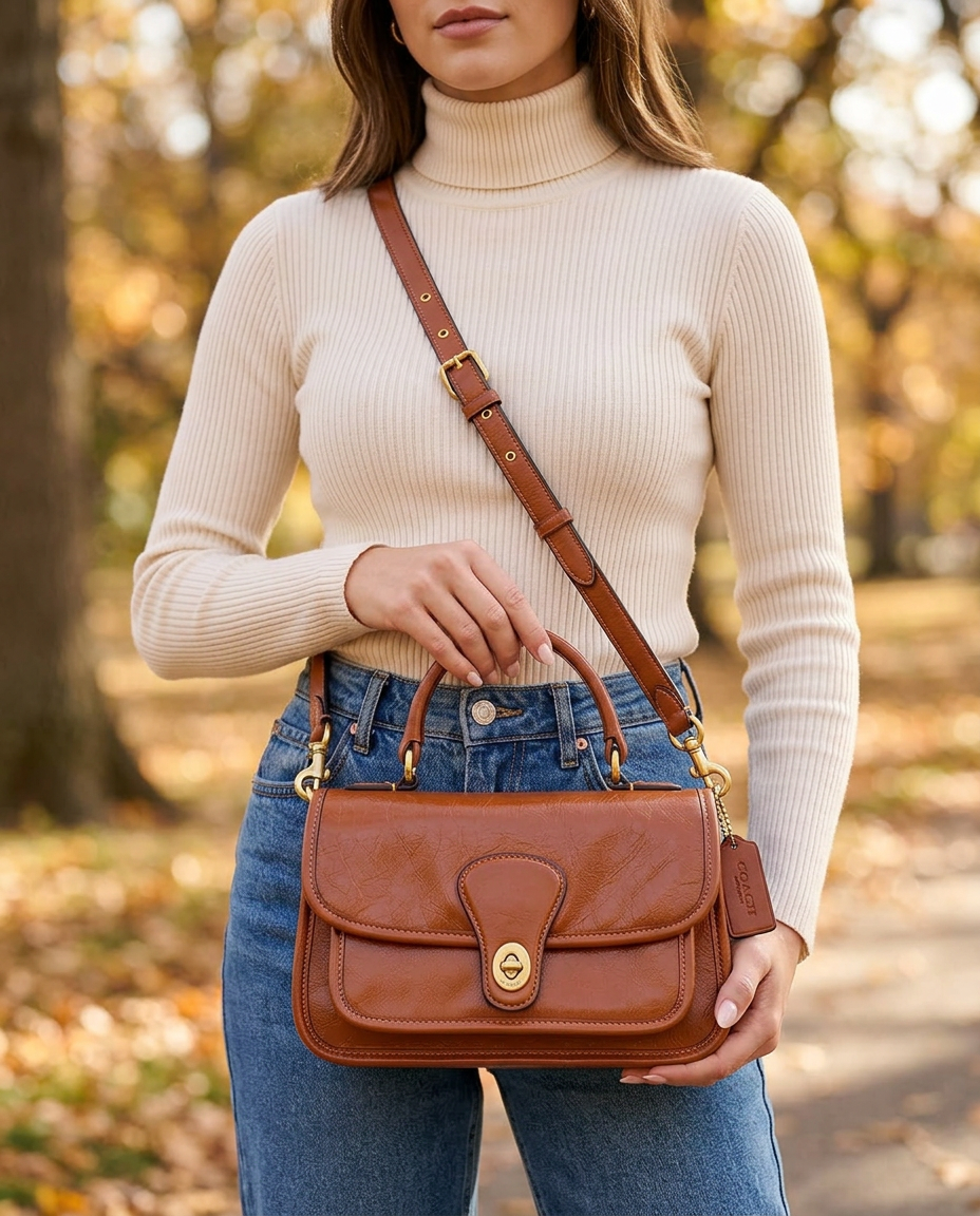 Coach Metropolitan Bag 24 in Glazed Leather worn by a model