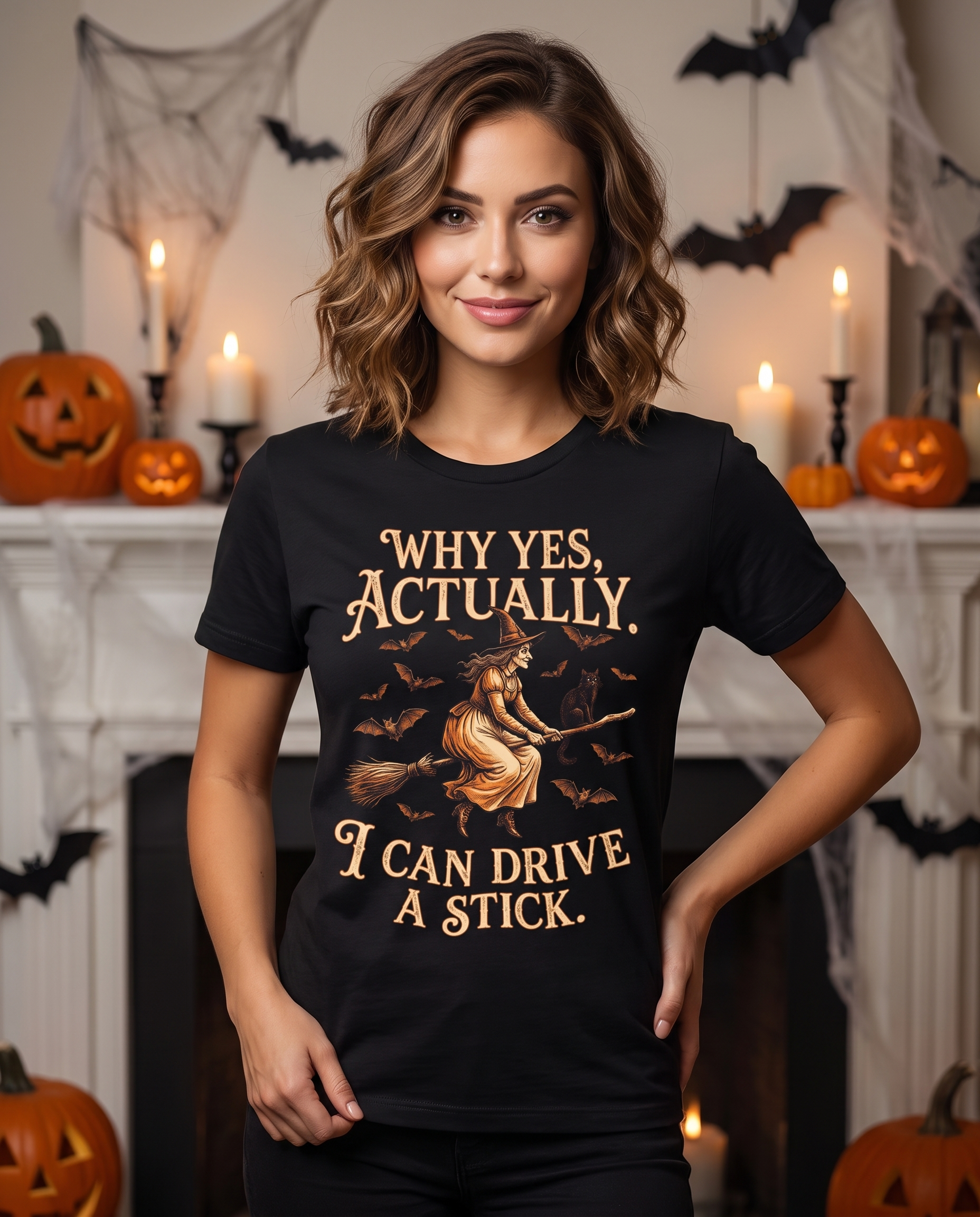 I Can Drive a Stick Witch T-Shirt worn by a model