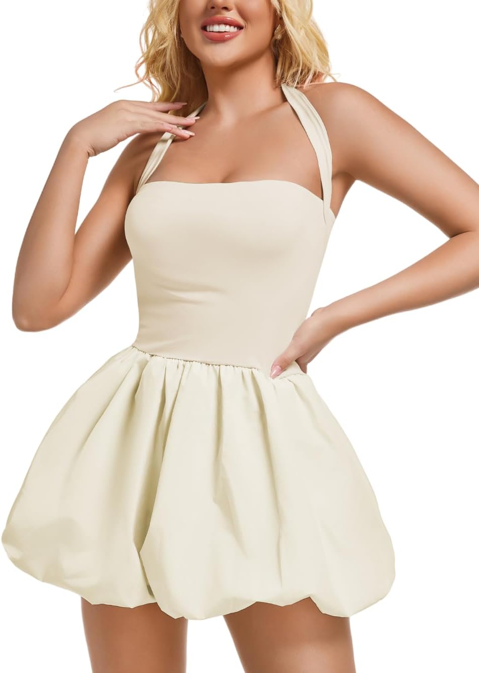 ChiaoLezhee Coquette Halter Bubble Mini Dress worn by a model
