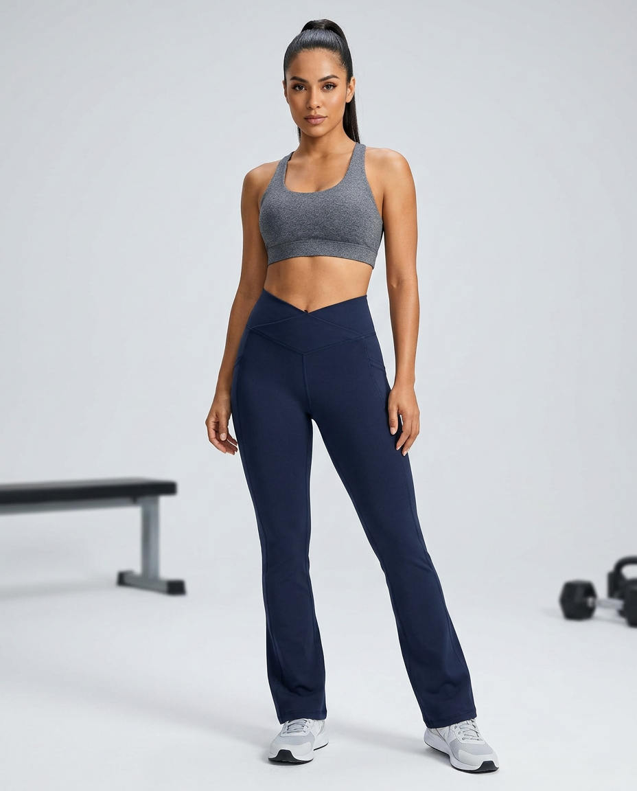 Crossover Bootcut Leggings Pockets worn by a model