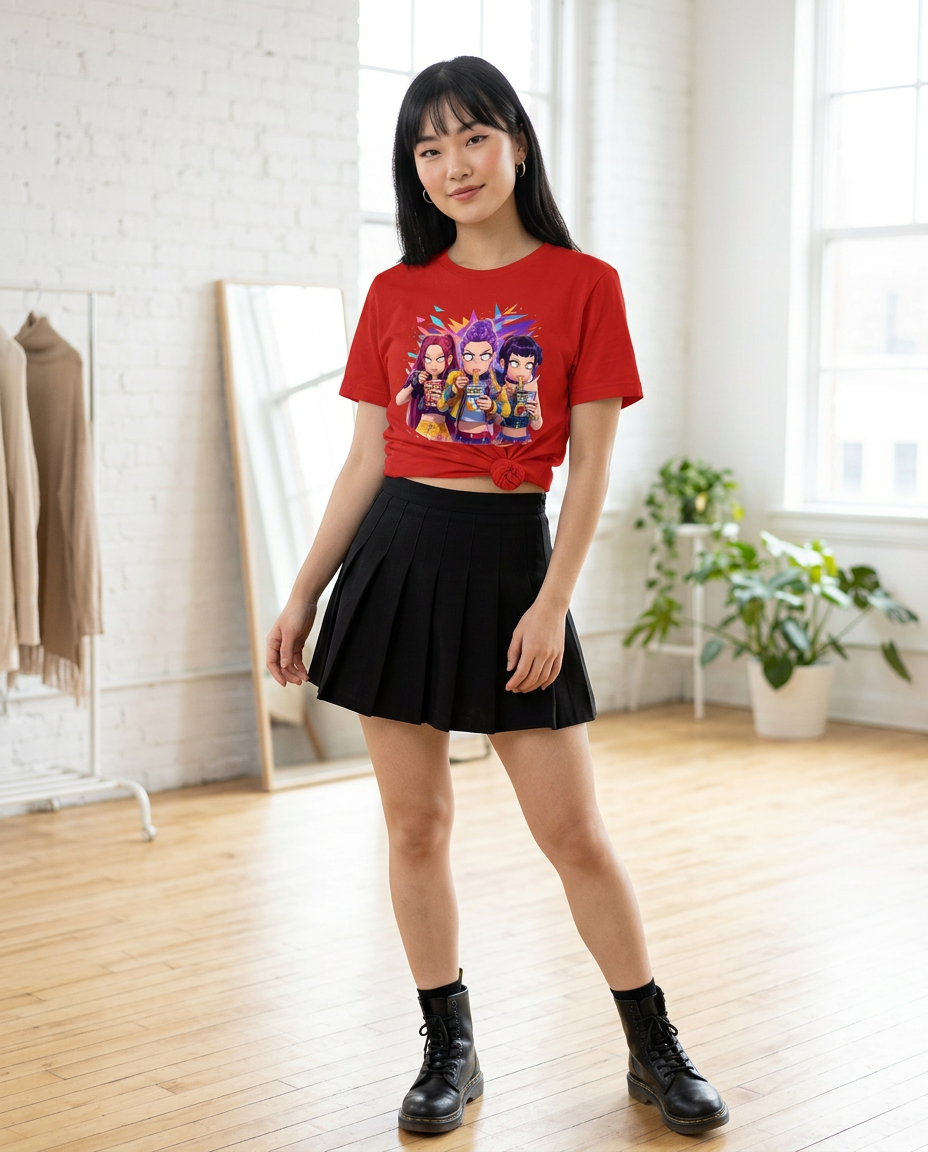 Huntrix K-Pop Demon Hunters Eating Ramen Tee worn by a model