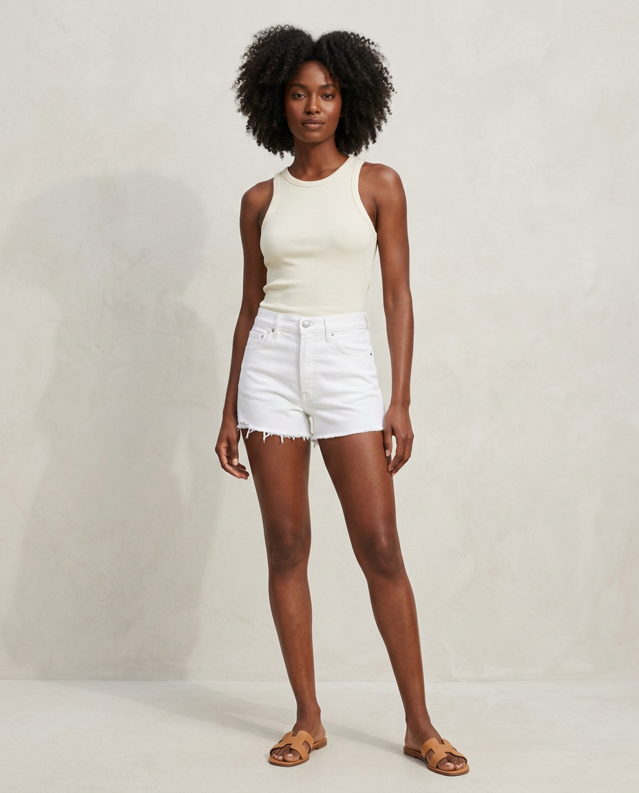 Jessica Simpson Hug Me High Rise Denim Shorts worn by a model