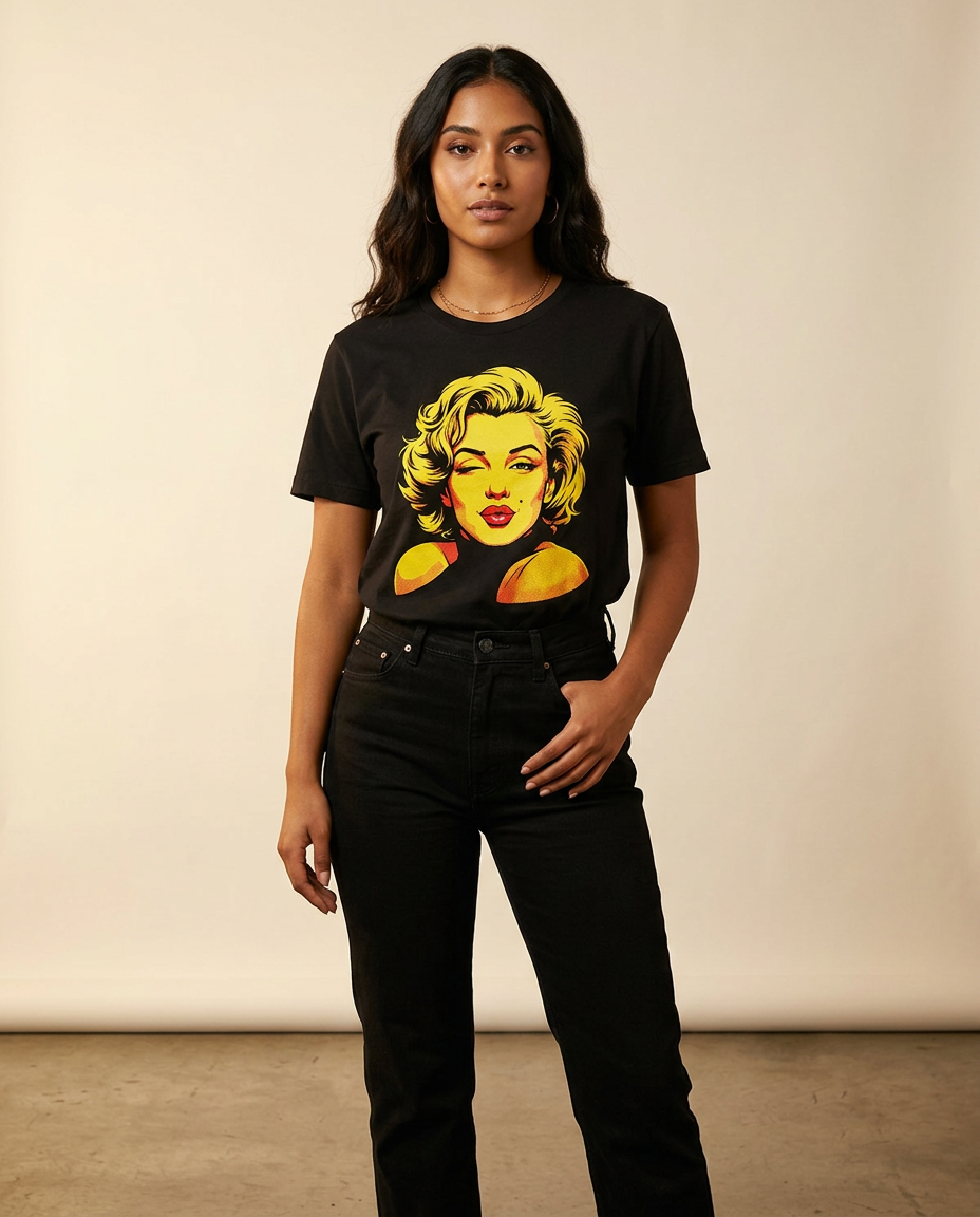Marilyn Monroe Wink and Kiss Pop Art Tee worn by a model