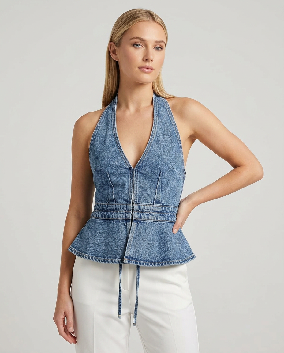 Princess Polly Sequoia Denim Top worn by a model