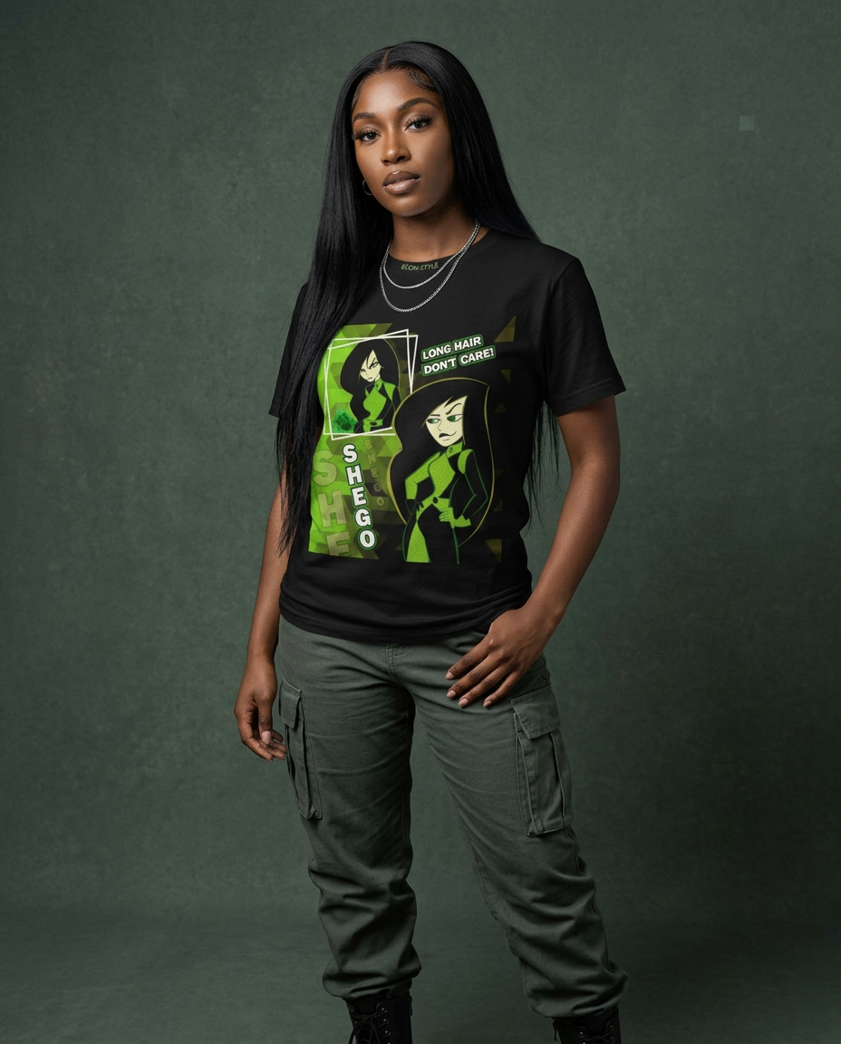 Shego Long Hair Donβt Care Tee worn by a model