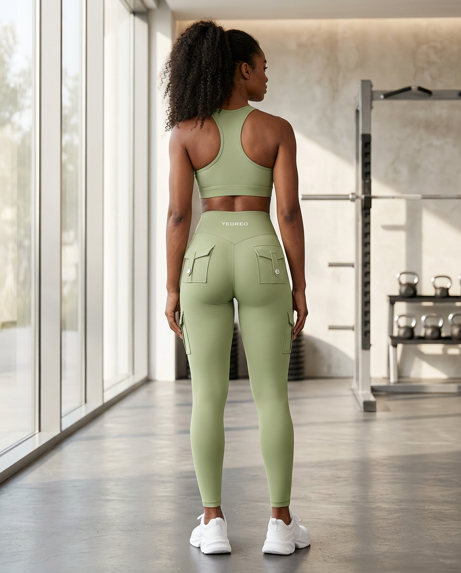 YEOREO CoreFlex Workout Cargo Leggings worn by a model