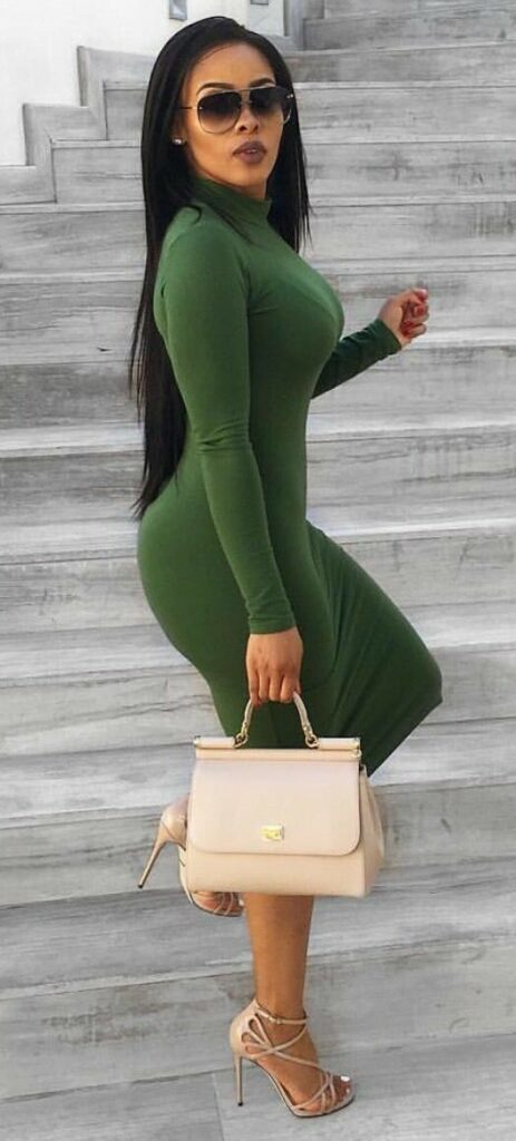 Green Turtle Neck Bodycon Fitted Dress